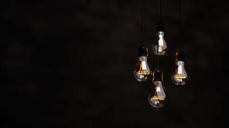 Hanging light bulbs outdoor party with copy space bokeh, thin focus, night life or festival concept,...