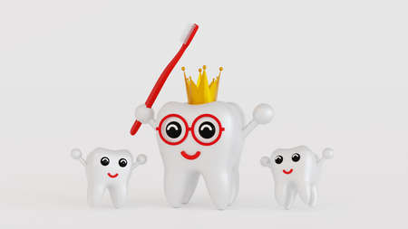 Cute human tooth character with happy face holding dental equipment or toothbrush, dental care...