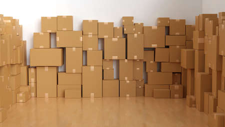 Stack of cardboard box carton or parcel in logistics warehouse distribution packaging. concept of delivering goods, 3D rendering.の写真素材