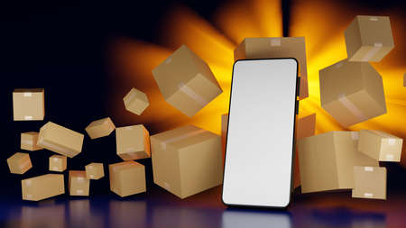 Mobile phone or smartphone with brown cardboard boxes parcel, online shopping delivery concept, 3D rendering.の写真素材