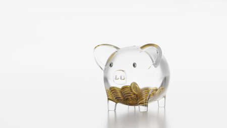 Glass Piggy bank with coin inside, saving or save money or open a bank deposit concept, 3D...