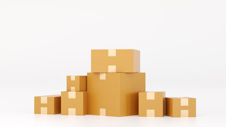 Stack of cardboard box carton or parcel with empty space. concept of delivering goods. 3D rendering.の写真素材
