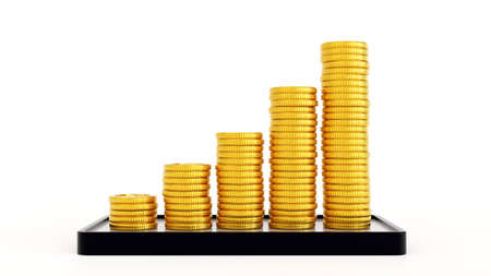 Smartphone with stack of gold coins, concept of management and administration online business with...