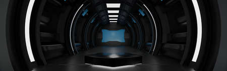 Modern Pentagon podium in spaceship or space station interior, Sci Fi tunnel, stage for product...
