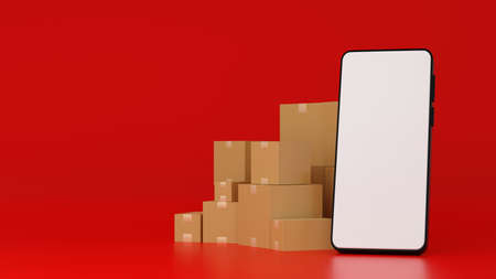 Mobile phone or smartphone with brown cardboard boxes parcel, online shopping delivery concept, 3D rendering.の写真素材