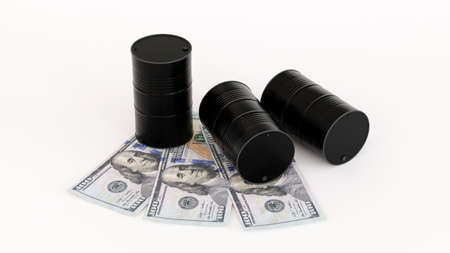Oil barrels and dollar money banknote, concept of oil market business, petroleum oil industry, 3D rendering.の写真素材