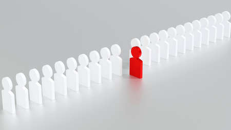 Red figure human standing out from white figure human crowd, concept of leader innovation and solutions, 3D rendering.の写真素材