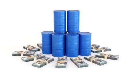 Oil barrels and dollar money banknote, concept of oil market business, petroleum oil industry, 3D...