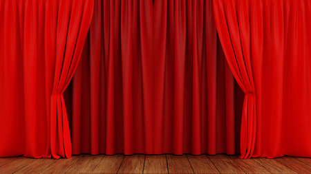 Empty Stage theater or opera with red velvet curtain, 3D rendering.の写真素材