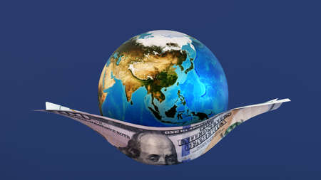 Planet earth or globe supported or carrying by dollar banknote, world business concept, Asia Zone, 3D rendering.の写真素材
