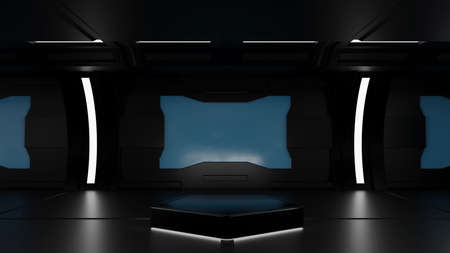 Modern Pentagon podium in spaceship or space station interior, Sci Fi tunnel, stage for product...