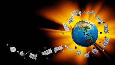 Gold coin and banknote around the globe or earth, world business financial concept, 3D rendering.