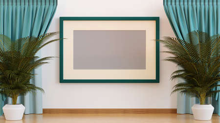 Empty picture frame on the wall in living room, 3D rendering.の写真素材