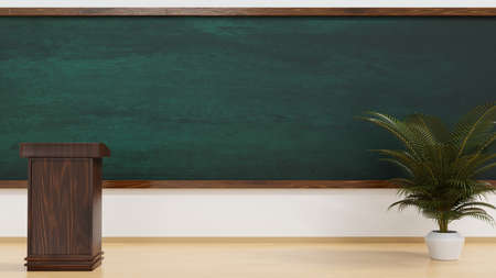 Teacher podium with chalkboard in school classroom, education concept, 3D rendering.の写真素材