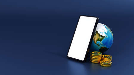 Smartphone with stack of gold coins and globe or earth, world business and financial concept. 3D...