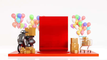 Promotion stage show with shopping cart, parcel box and balloon for advertisement shopping market,...