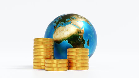 Globe or earth with stack of gold coin, world business financial concept, 3D rendering.