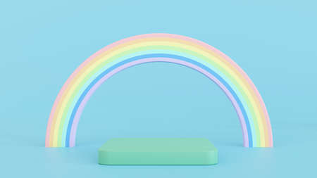 Pastel color podium geometric shape pedestal stage with rainbow and cloud for product display for product cosmetic display presentation, 3D rendering.の写真素材