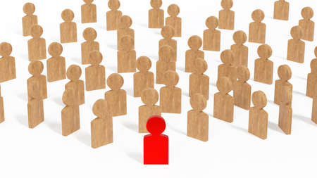 Red figure human standing out from wood figure human crowd, concept of leader innovation and...