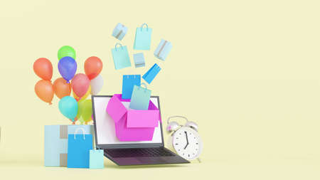Online shopping time, shopping bag with gift box and laptop for e-commerce concept, 3D rendering.