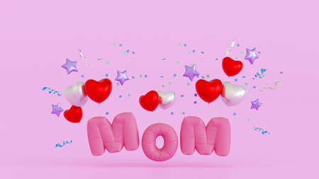 Happy mothers day Celebration, Balloon Mom text with gift box, heart love, copy space for add text, 3D rendering.の写真素材