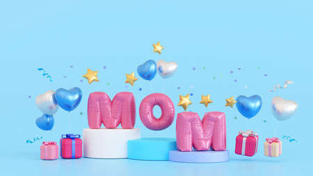 Happy mothers day Celebration, Balloon Mom text on podium with gift box, heart love, copy space for add text, 3D rendering.の写真素材