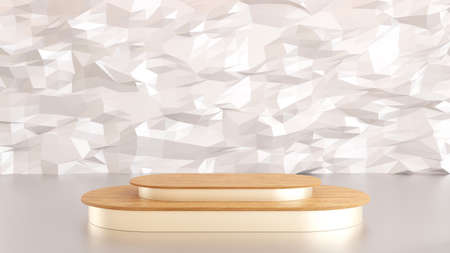 Geometric form podium with wood panel decoration for product presentation, cosmetic stage display pedestal, 3D rendering.の写真素材