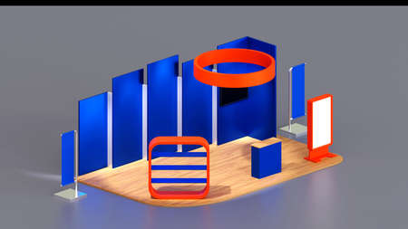 Fair trade exhibition booth display kiosk design for show product presentation, blue and orange color, 3D rendering.の写真素材