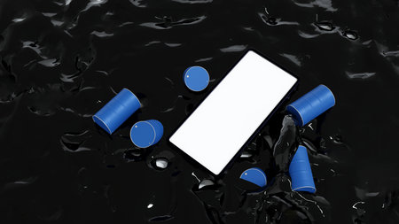 Crude oil splashing with barrels and smartphone, concept of oil market business, petroleum oil industry, 3D rendering.の写真素材