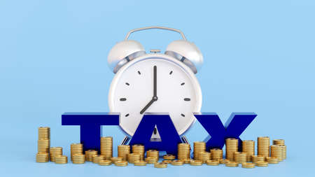 Tax time alarm clock with stack coin, time to pay tax concept, 3D rendering.の写真素材