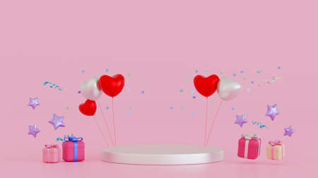 Promotion platform pedestal podium stage design with gifts box and balloon decoration, mock up for valentine or anniversary season, 3D rendering.の写真素材