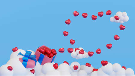Promotion platform cloud sky with gifts box and heart shape, mock up for valentine or anniversary season, 3D rendering.の写真素材