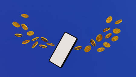 Smartphone with coin arranged as a wing, business and communication internet online technology, 3D rendering.の写真素材