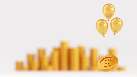 Balloon taking gold coin dollar up on the air, money financial inflation concept, 3D renderingの写真素材