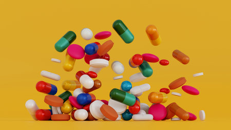 Falling antibiotic capsules out of the pill bottle, health care and medical concept. 3D rendering.