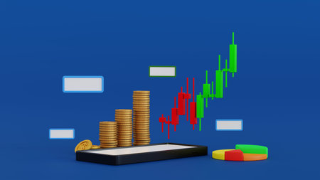 Smart phone with stock market trading graph candle stick and business chart, financial investment...