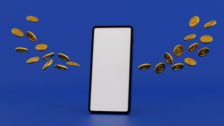 Smartphone with coin arranged as a wing, business and communication internet online technology, 3D...