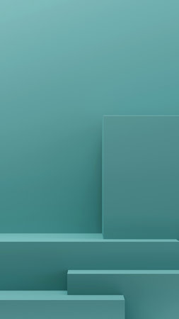 Vertical Green platform step shelf podium for product display and awards ceremony for promote product exhibition show on green background, 3D rendering.の写真素材