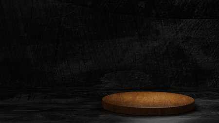 Wood podium stand with natural rock, pedestal for brand product exhibition. Mockup template for ads design. 3D rendering.の写真素材