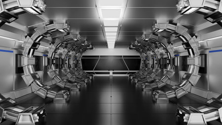 Inside spaceship or space station interior, Sci-Fi tunnel, corridor with empty space background, 3D renderingの写真素材
