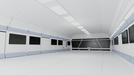 Inside spaceship or space station interior, Sci-Fi tunnel, corridor with empty space background, 3D renderingの写真素材