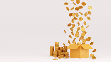 Gold coins explode or overflow from a box, success business, take profit, jackpot winner concept, 3D rendering.の写真素材