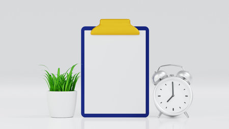 Clipboard with white paper, gold bell and business chart with dart board for business planning concept, 3D rendering.の写真素材