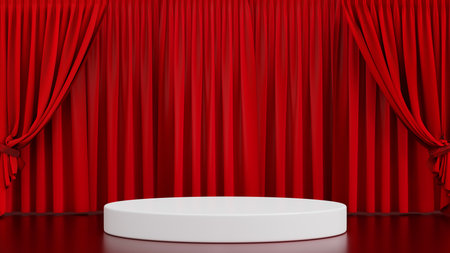 Round podium on stage theater or opera with red velvet curtain, 3D rendering.の写真素材