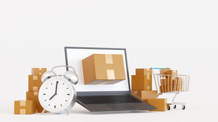 Online shopping time, laptop with supermarket cart trolley and parcel box for e-commerce concept, 3D rendering.の写真素材