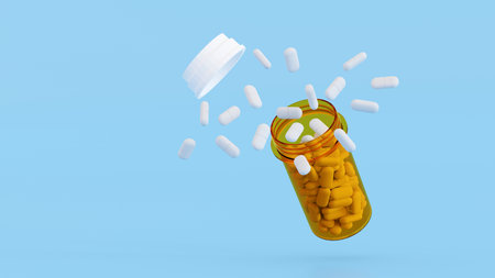 White pills spilled out of the yellow pills bottle, Medicine bottles with drugs, health care and medical concept, 3D rendering.の写真素材