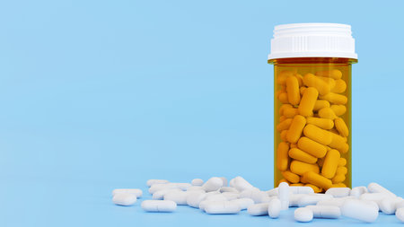 White pills and yellow pills bottle, Medicine bottles with drugs, health care and medical concept, 3D rendering.の写真素材