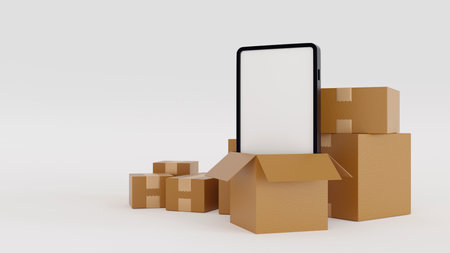 Smartphone coming out of big cardboard box, online shopping delivery business concept. 3D rendering.の写真素材