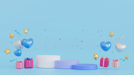 Promotion platform pedestal podium stage design with gifts box and balloon decoration, mock up for valentine or anniversary season, 3D rendering.の写真素材