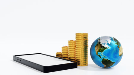 Smartphone with stack of gold coins and globe or earth, world business and financial concept. 3D rendering.の写真素材